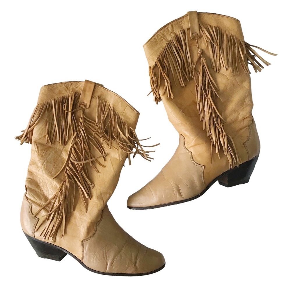 Vintage Leather Fringe Western Cowboy Boots Tan Two Tone Pull-On 9